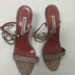 MANOLO BLAHNIK ANKLE BEADS STRAPS SANDALS SIZE 37‎